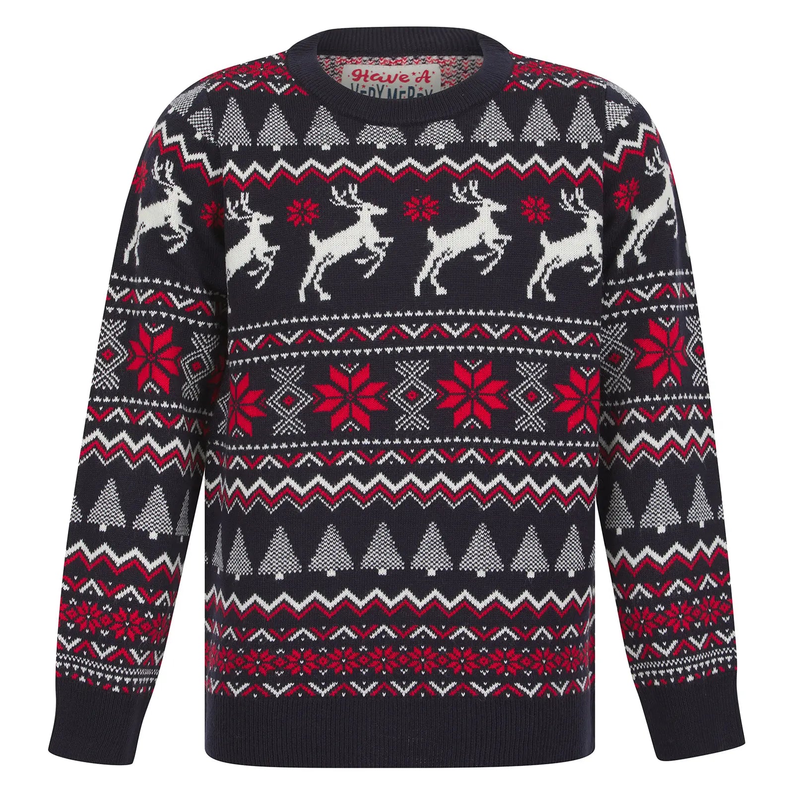 black christmas jumper featuring festive fair isle pattern with dancing reindeers, snowflakes, christmas trees and zig zag patterns, with a crew neckline and ribbed arm cuffs